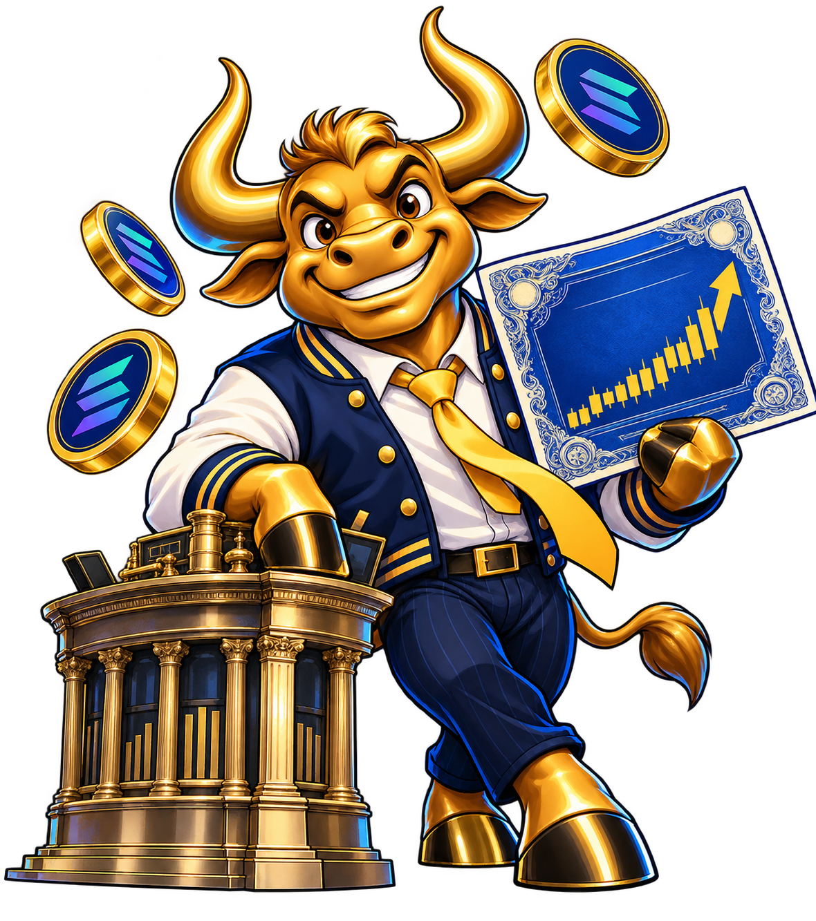 StockStreet bull mascot displaying a rising stock certificate
